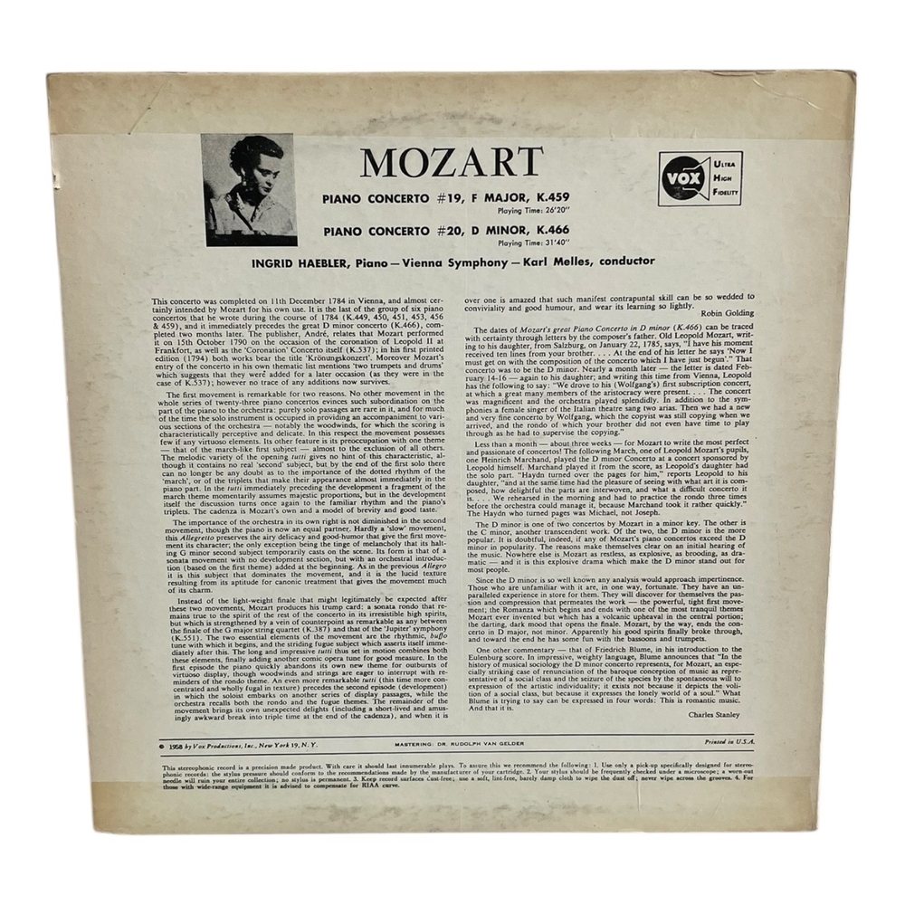 Mozart Piano Concertos 19 & 20 Ingrid Haebler Vienna Symphony VOX 1958 Stereo - Picture 2 of 2